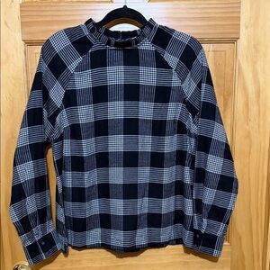 LOFT Flannel Black & White Check Long Sleeve Top with Ruffle Neck & Back Keyhole